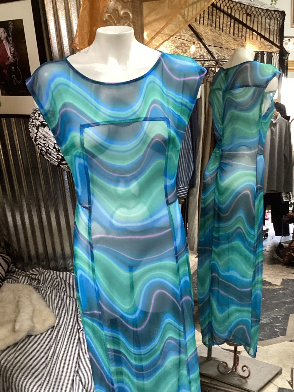 Sheer Wave-Print Maxi Dress in Aqua & Teal slit back better than a slip dress